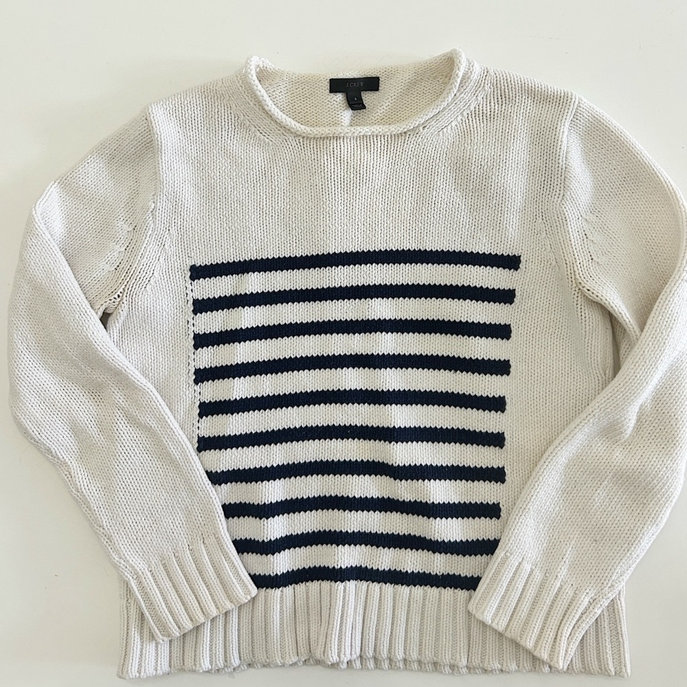 J. Crew Rollneck Navy and Cream Striped Sweater
